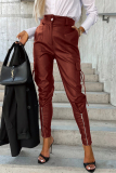 Red-brown Casual Solid Pocket Zipper Regular High Waist Pencil Solid Color Bottoms