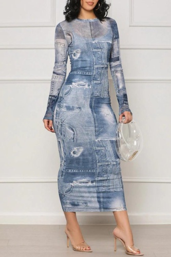 Casual Print Basic O Neck Long Sleeve Dresses