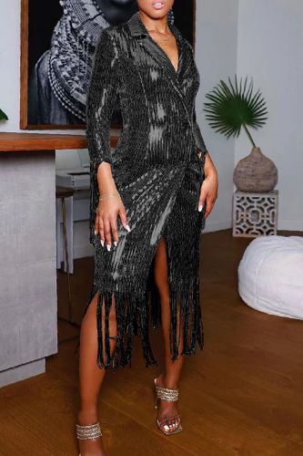 Casual Patchwork Tassel Sequins Turndown Collar Long Sleeve Dresses