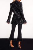 Casual Patchwork Sequins Turn-back Collar Outerwear