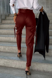 Red-brown Casual Solid Pocket Zipper Regular High Waist Pencil Solid Color Bottoms