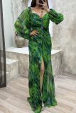 Floral Print Off Shoulder Lantern Sleeve Rhinestone Decor Vacation Ruched Slit Bodycon Maxi Dress