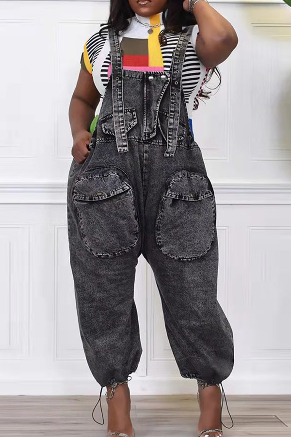 Casual Solid Patchwork Pocket Buttons Sleeveless High Waist Loose Denim Jumpsuits