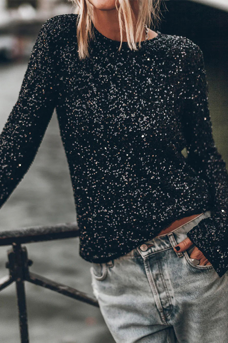Solid Color Sequined Loose Round Neck Casual Top
