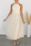 White Sweet Elegant Solid Backless Halter A Line Dresses