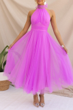 Pink Sweet Elegant Solid Backless Halter A Line Dresses