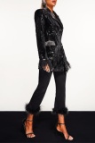 Casual Patchwork Sequins Turn-back Collar Outerwear