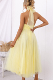 Yellow Sweet Elegant Solid Backless Halter A Line Dresses