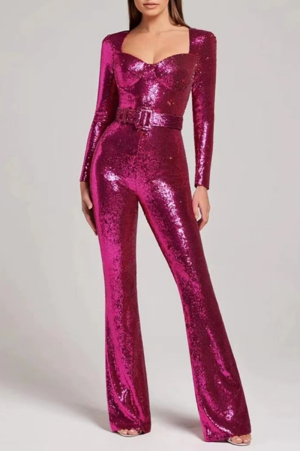 Casual Patchwork Sequins With Belt Square Collar Skinny Jumpsuits