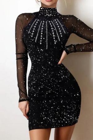 Sexy Patchwork Hot Drilling See-through Turtleneck Long Sleeve Dresses