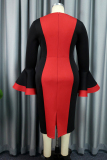 Casual Patchwork Contrast O Neck Long Sleeve Plus Size Dresses