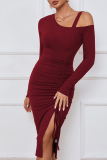 Sexy Simplicity Solid Draw String Solid Color Oblique Collar Wrapped Skirt Dresses