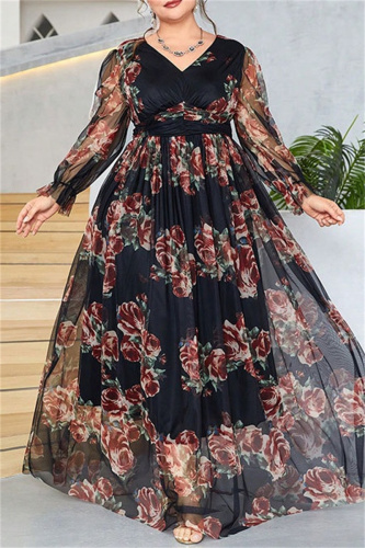 Casual Print Patchwork V Neck Long Dress Plus Size Dresses