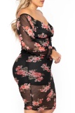 Sexy Casual Print Patchwork V Neck Long Sleeve Plus Size Dresses