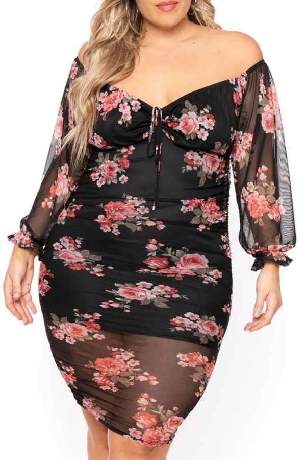 Sexy Casual Print Patchwork V Neck Long Sleeve Plus Size Dresses