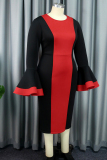 Casual Patchwork Contrast O Neck Long Sleeve Plus Size Dresses