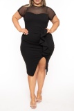 Casual Solid Patchwork See-through Slit O Neck Short Sleeve Dress Plus Size Dresses