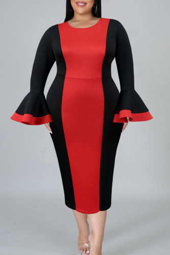 Casual Patchwork Contrast O Neck Long Sleeve Plus Size Dresses