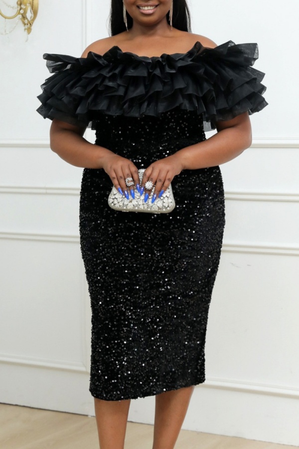 Sexy Formal Solid Sequins Backless Off the Shoulder One Step Skirt Plus Size Dresses