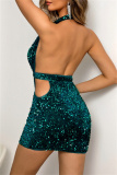 Sexy Patchwork Hollowed Out Sequins Backless Halter Wrapped Skirt Dresses