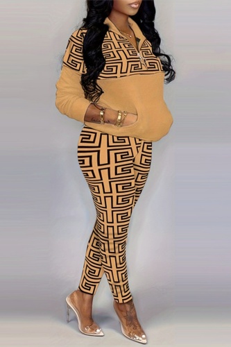 Casual Print Patchwork Zipper Collar Long Sleeve Two Pieces