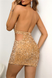 Sexy Patchwork Hollowed Out Sequins Backless Halter Wrapped Skirt Dresses