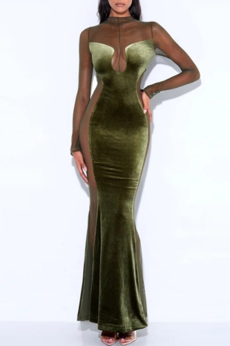 Sexy Patchwork See-through Half A Turtleneck Long Dress Dresses