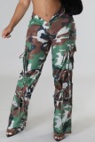 Army Green Casual Camouflage Print Patchwork Regular Conventional Full Print Trousers