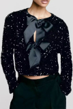 Casual Solid Sequins Patchwork With Bow O Neck Tops
