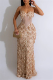 Sexy Formal Patchwork Tassel Sequins Backless Spaghetti Strap Long Dress Dresses