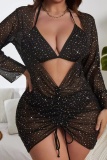 Sexy Solid Bandage Sequins Patchwork See-through Plus Size Swimwear Three Piece Set