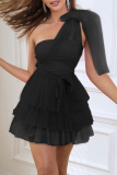 Sexy Solid Mesh With Bow Oblique Collar Cake Skirt Dresses