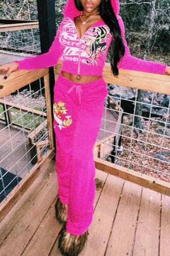 Street Print Patchwork Hooded Collar Long Sleeve Two Pieces