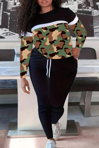 Casual Camouflage Print Patchwork Draw String Pocket O Neck Plus Size Two Pieces