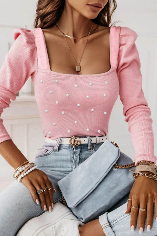 Celebrities Elegant Solid Beading Square Collar Tops