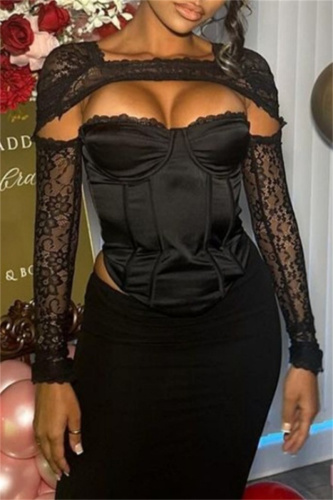 Sexy Solid Hollowed Out Patchwork See-through O Neck Tops