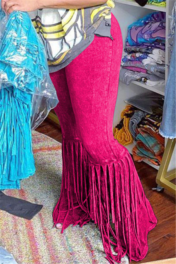 Street Solid Tassel Ripped Straight Bottoms