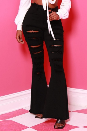 Casual Solid Ripped High Waist Skinny Denim Jeans