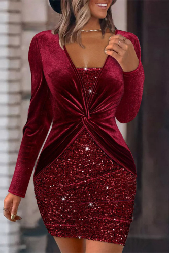 Claret Formal Glitter Prom Evening Sequined V Neck Long Sleeve Wrapped Skirt Bodycon Velvet Mini Dresses