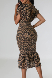 Celebrities Leopard Bandage Patchwork Backless V Neck Printed Dress Dresses