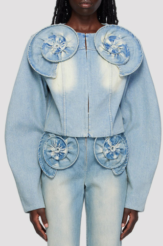 Casual Solid Patchwork O Neck Long Sleeve Regular Denim Jacket