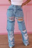 Casual Solid Ripped Mid Waist Straight Denim Jeans