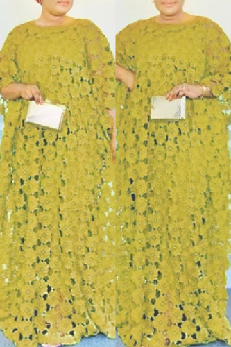 Casual Solid Hollowed Out See-through O Neck Long Dress Plus Size Two Pieces
