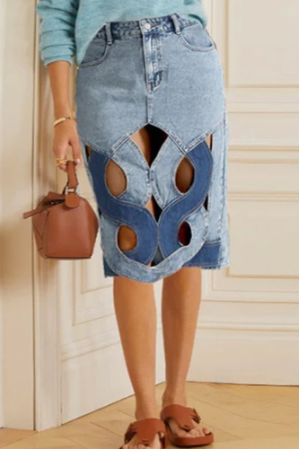 Casual Patchwork Hollowed Out Skinny Denim Skirts