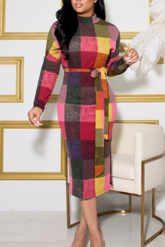 Casual Color Block Patchwork Slit With Belt O Neck One Step Skirt Dresses