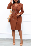 Casual Solid Patchwork With Belt Turndown Collar Long Sleeve Dresses