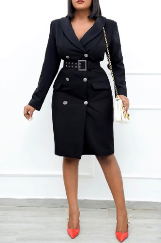 Casual Solid Patchwork With Belt Turndown Collar Long Sleeve Dresses