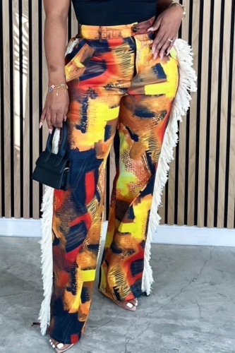 Casual Print Tassel Patchwork Regular Conventional Patchwork Trousers