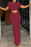 Ruched Tie-Up Tiered Long Skirt with Crop Top Daily Vacation Two Piece Skirt Set