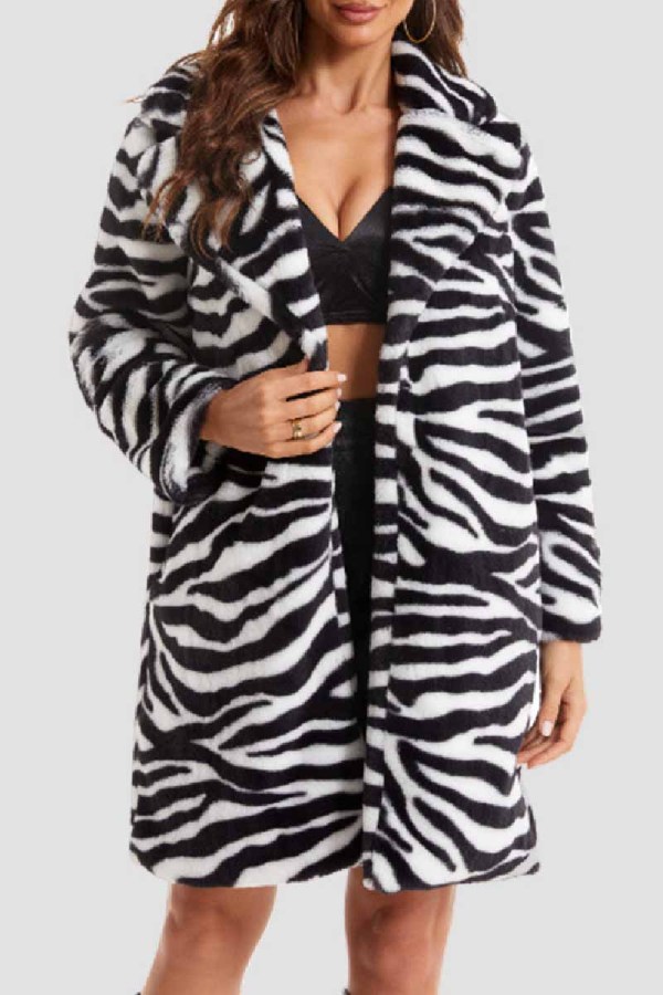 Casual Zebra Print Cardigan Turndown Collar Outerwear